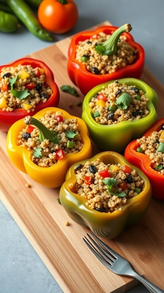 Colorful stuffed bell peppers filled with quinoa and vegetables on a wooden cutting board.