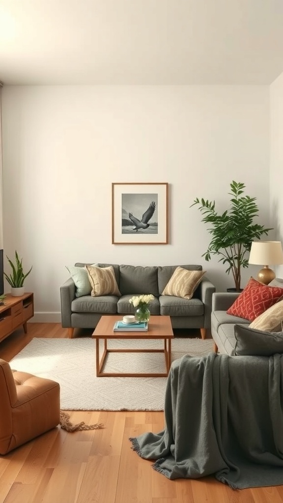 A modern living room with two gray sofas, a wooden coffee table, and a plant, lacking comfort items.