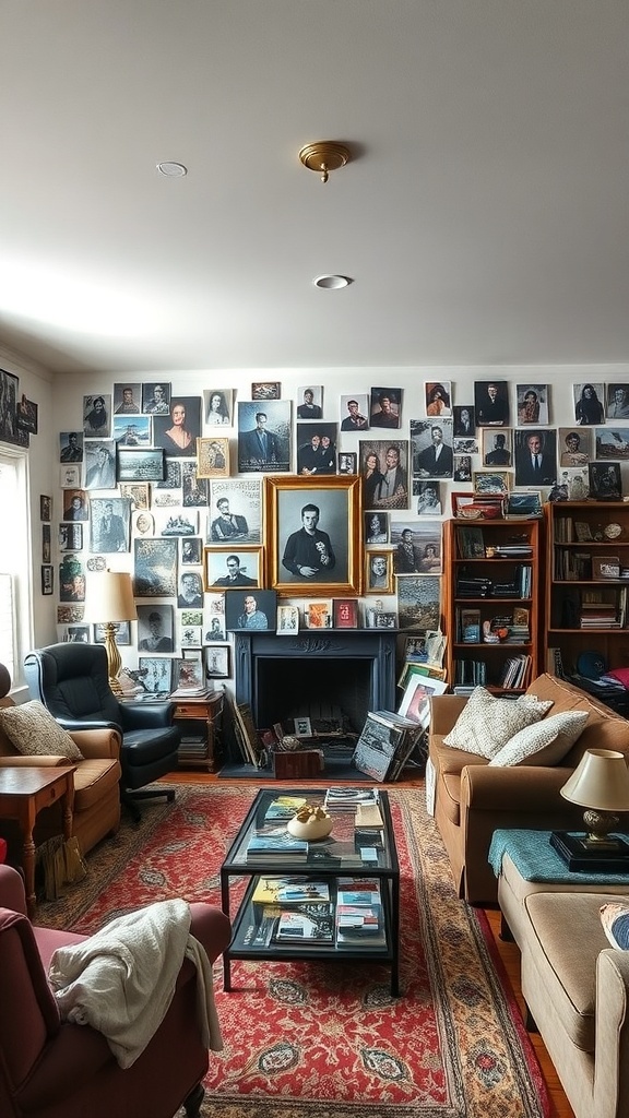 A living room filled with personal photos on the walls, creating a crowded and overwhelming atmosphere.