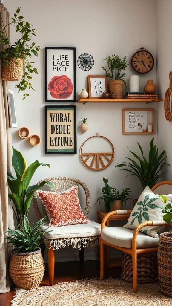 Cozy corner with plants, art, and seating, showcasing personal touches in home decor.