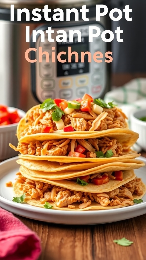 A plate of Instant Pot Chicken Tacos with shredded chicken and fresh toppings.