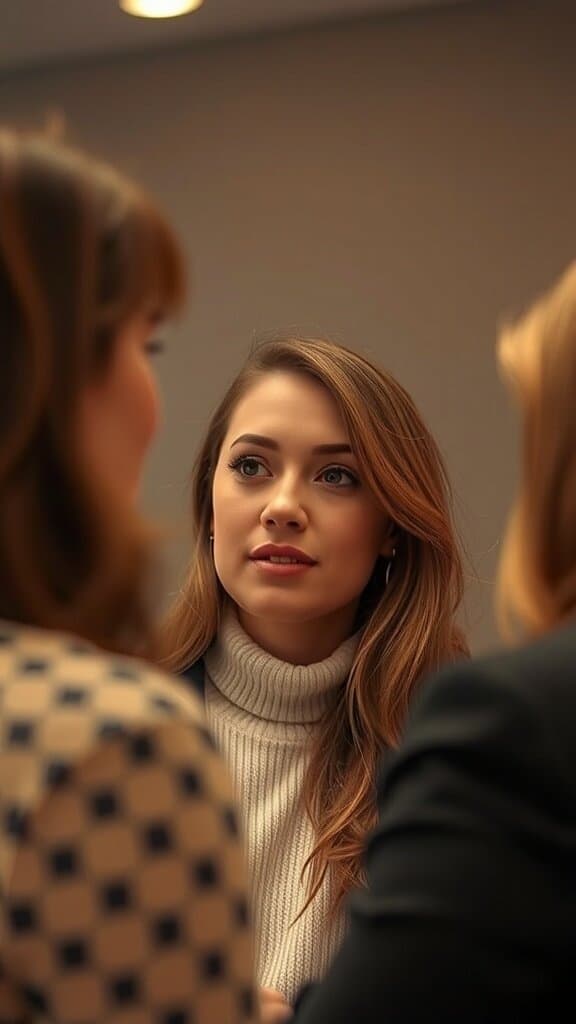 A woman engaging in conversation, maintaining eye contact with others.
