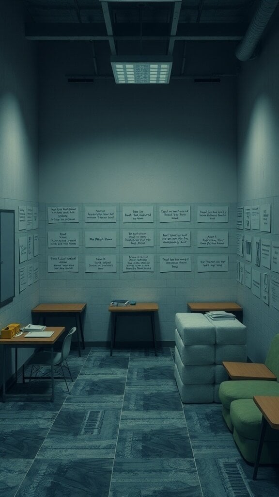 A room with tables, a couch, and paper notes on the walls, illustrating furniture arrangement.
