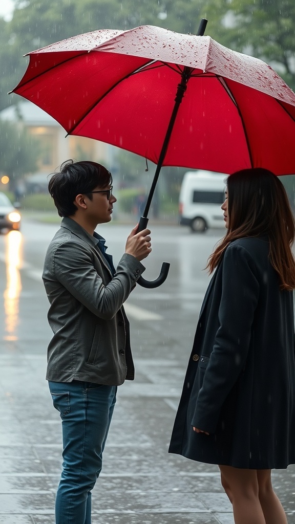 A man holding a red umbrella over a woman in the rain.