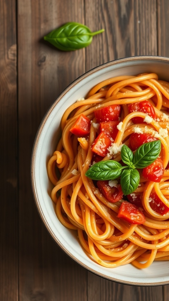 A bowl of creamy tomato basil pasta topped with fresh basil leaves and diced tomatoes.