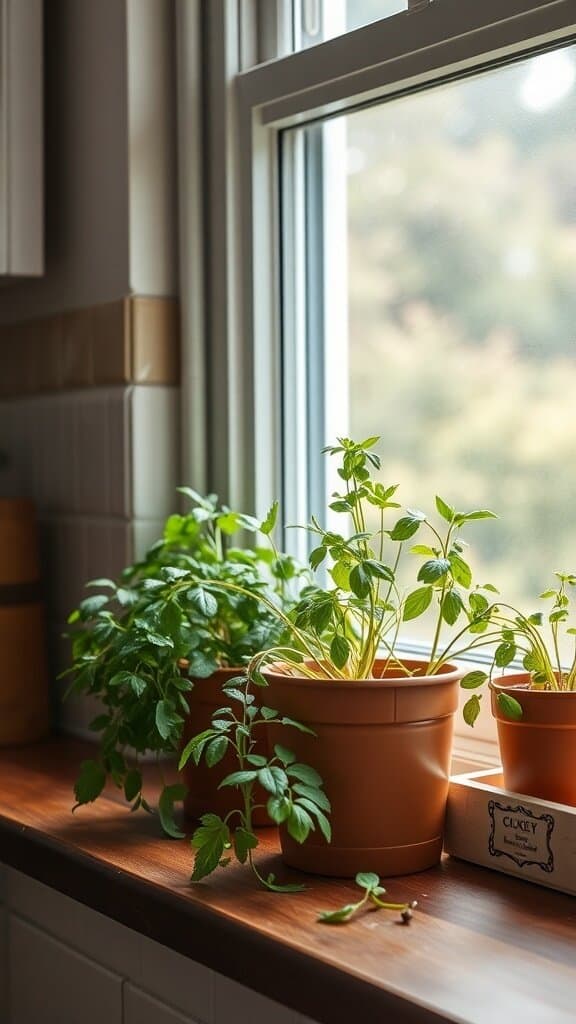 A kitchen windowsill with pots of fresh herbs like basil and parsley, enhancing the cooking space.