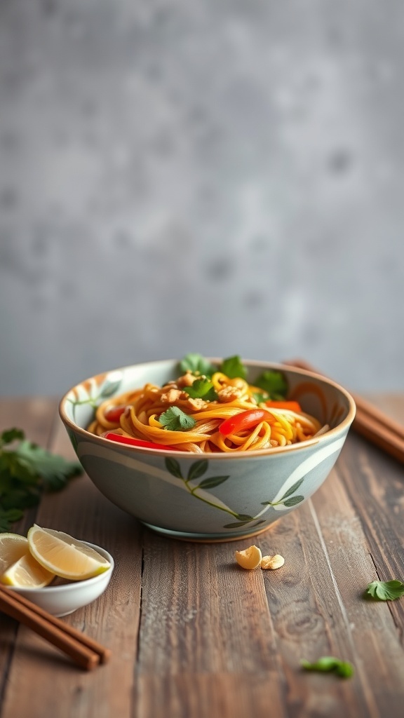 A bowl of Thai peanut noodles with vegetables, garnished with peanuts and cilantro, served with lemon wedges.
