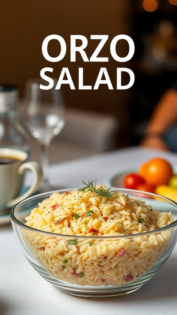 A bowl of cold orzo salad with some herbs and diced vegetables, looking simple and unassuming.