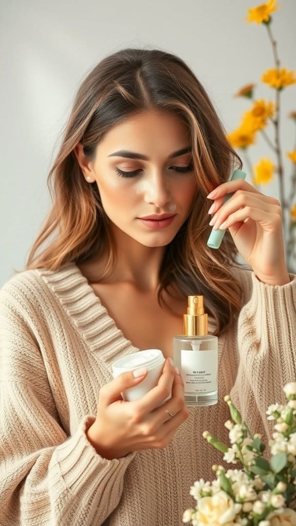 A woman in a cozy sweater examining skincare products, surrounded by flowers.