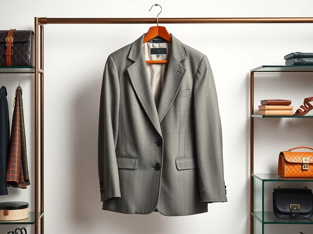 A gray tailored blazer hanging on a rack, surrounded by stylish accessories.