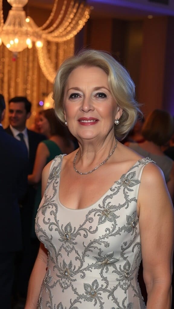 A woman in a sophisticated evening gown with intricate details, smiling at a formal event.