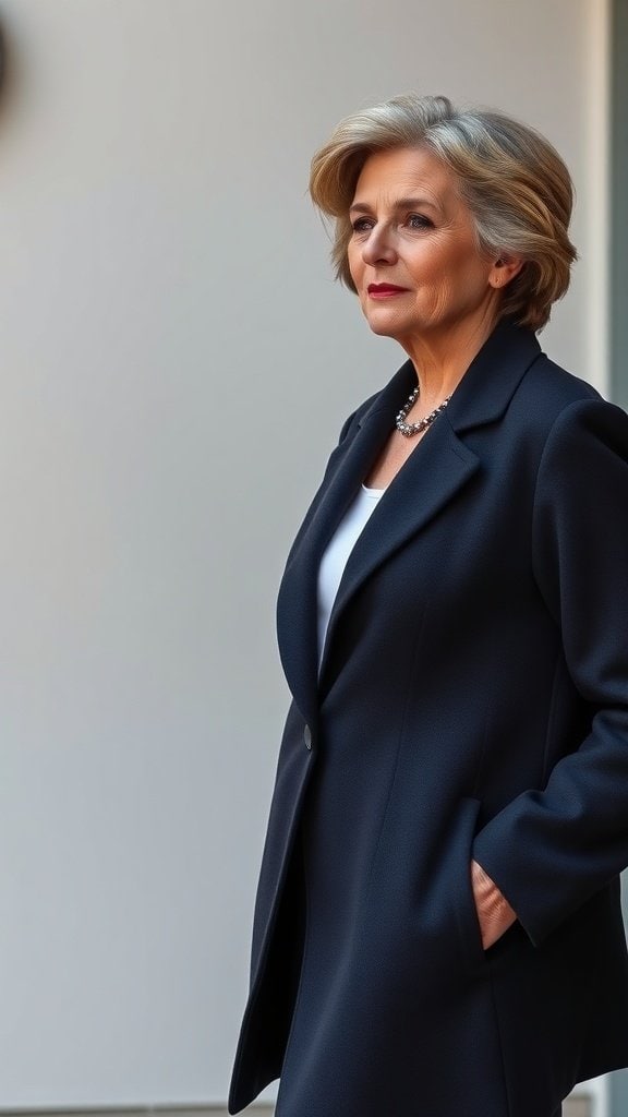 A mature woman in a tailored coat, showcasing a sophisticated and timeless style.