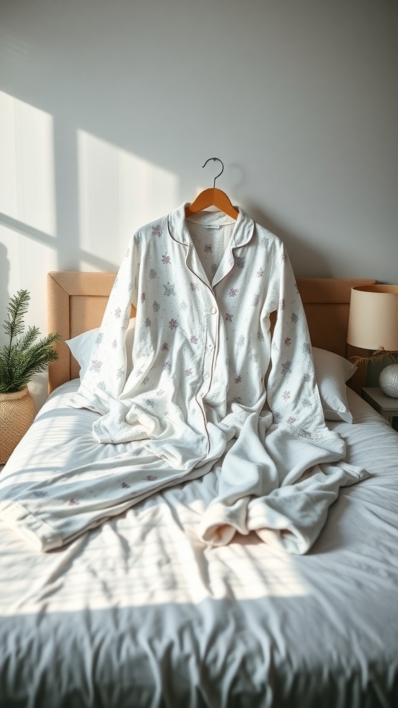 A cozy pajama set hanging on a hook, featuring a button-up top and matching pants with snowflake patterns, set against a softly lit bedroom.