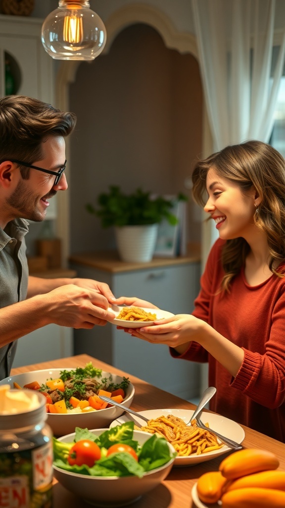 A couple enjoying a meal together, smiling and sharing a moment of connection.