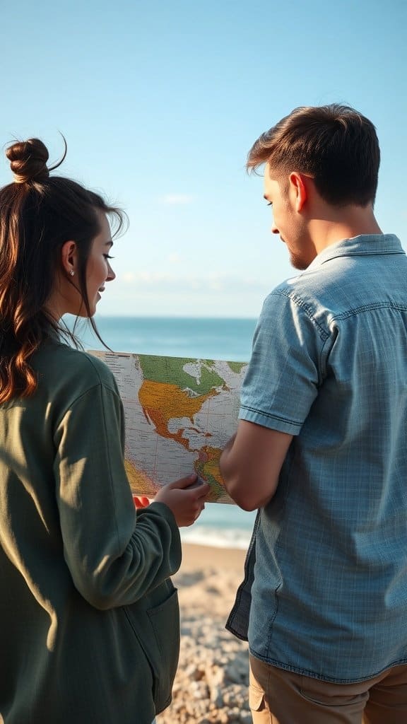 A couple looking at a map together by the beach, symbolizing planning future adventures.