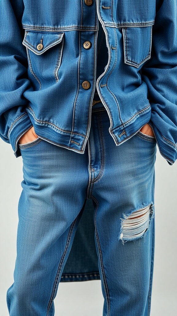 A denim jacket and skirt displayed on a hanger, representing excessive denim fashion.