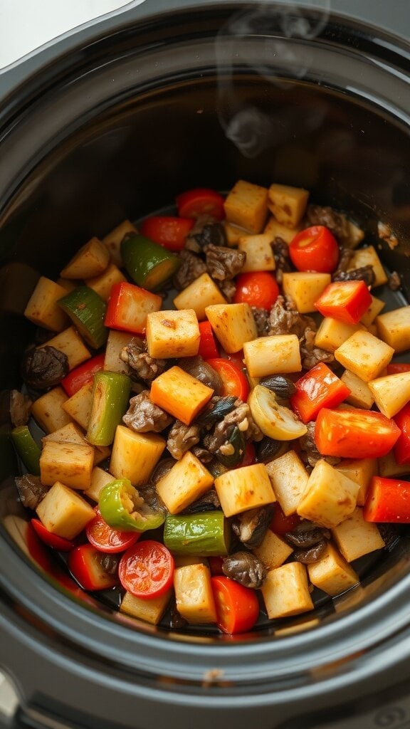 A colorful medley of overcooked vegetables in a crockpot, including potatoes, bell peppers, and tomatoes.
