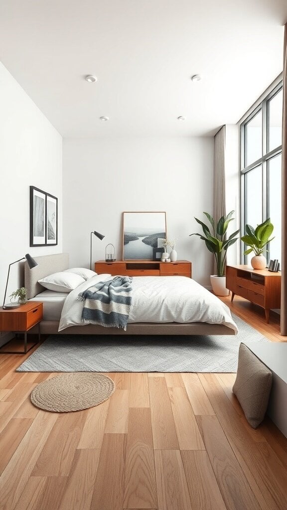 A modern open concept bedroom with large windows, wooden furniture, and a cozy bed.
