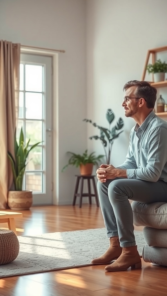 A man sitting thoughtfully in a cozy room, reflecting on trust and honesty.