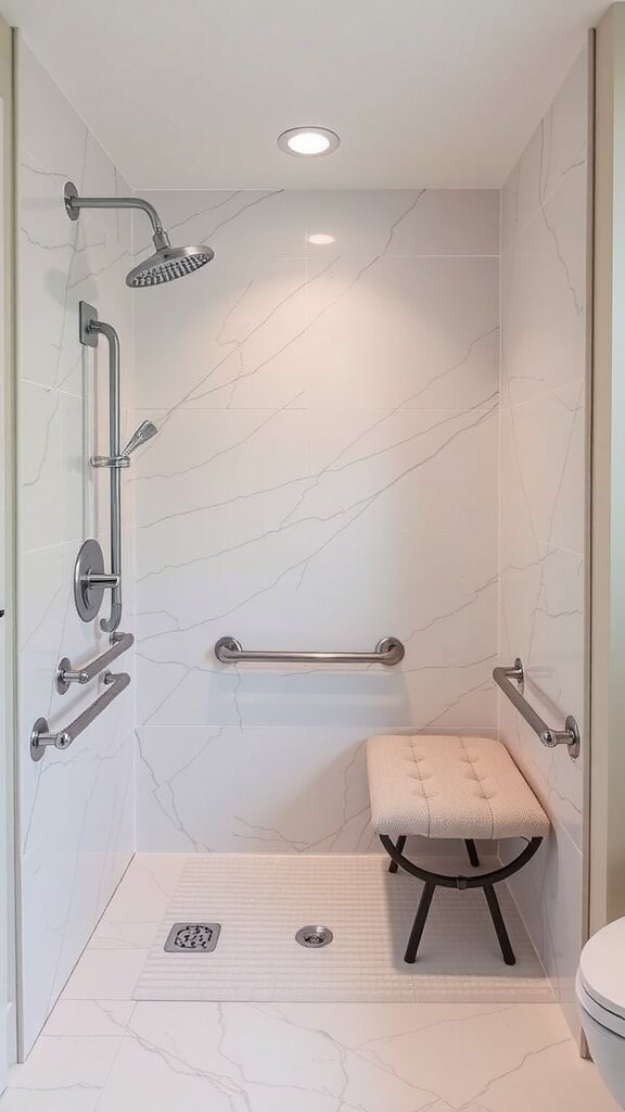 A modern walk-in shower with grab bars and a bench for accessibility.