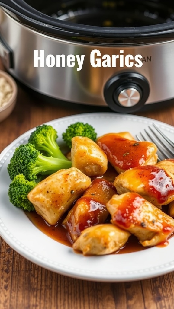 A plate of Honey Garlic Chicken with broccoli, served with a crockpot in the background.