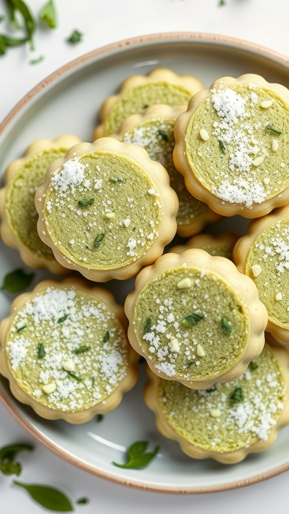 A plate of matcha green tea cookies topped with powdered sugar.