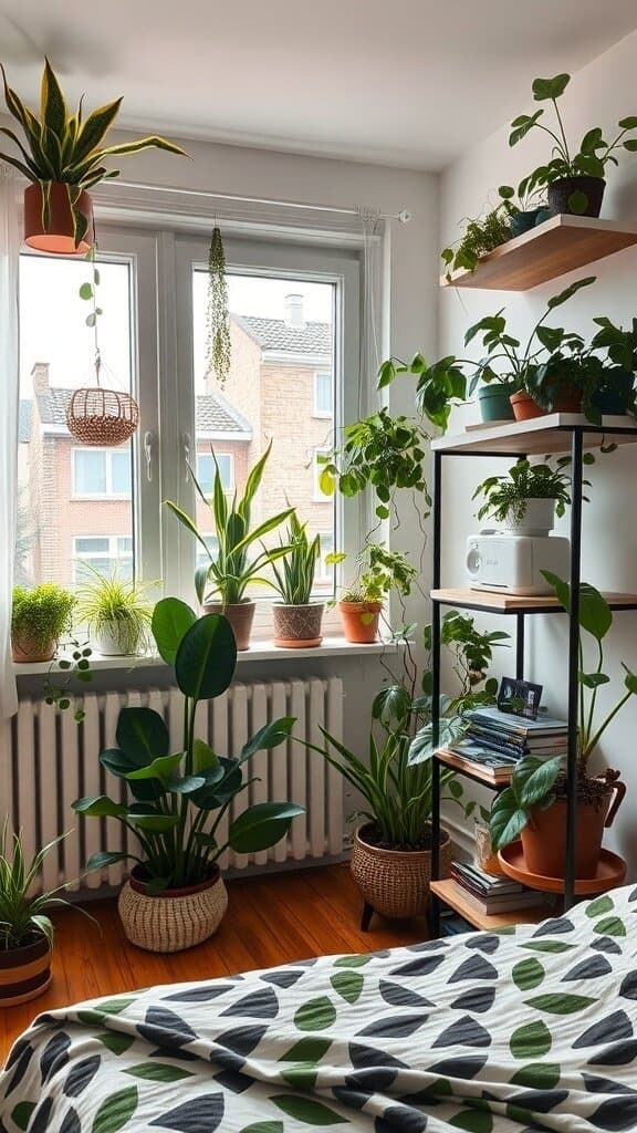 A cozy bedroom filled with various indoor plants, showcasing a lively atmosphere.