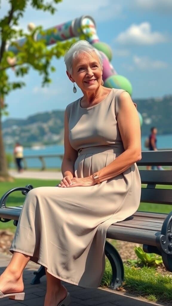 A woman over 50 wearing a stylish midi dress, sitting on a bench in a park.