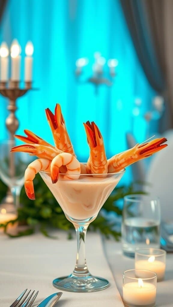 A shrimp cocktail served in a glass with two shrimp on the rim, garnished with parsley.