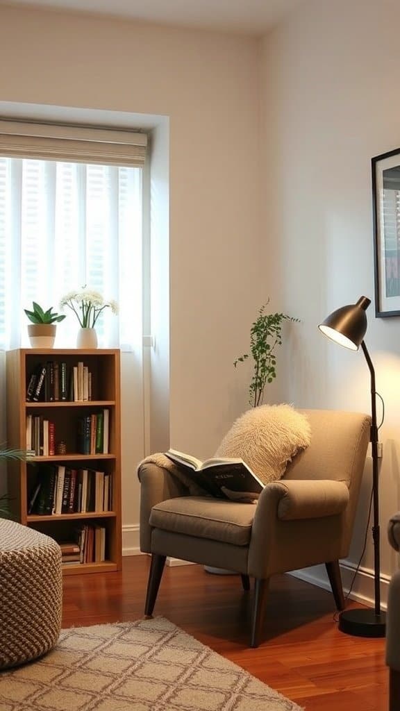 A cozy reading nook featuring a comfortable chair, soft lighting, and a small side table with a plant.