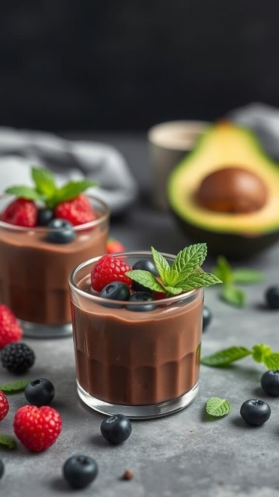 Chocolate avocado mousse topped with berries and mint leaves