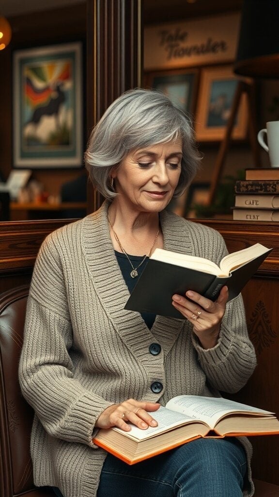 A woman reading a book while wearing a cozy oversized cardigan.