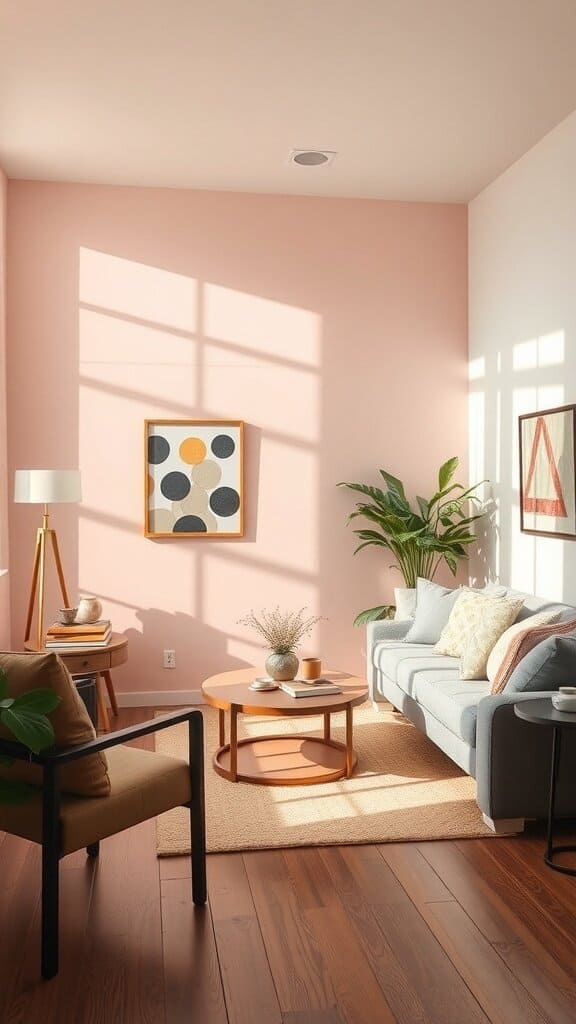 A cozy living room with soft pink walls, a gray sofa, and natural wood accents, featuring plants and artwork.