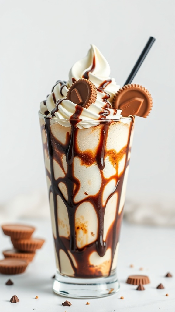 A tall glass filled with a Peanut Butter Cup Ice Cream Sundae topped with whipped cream and chocolate syrup.