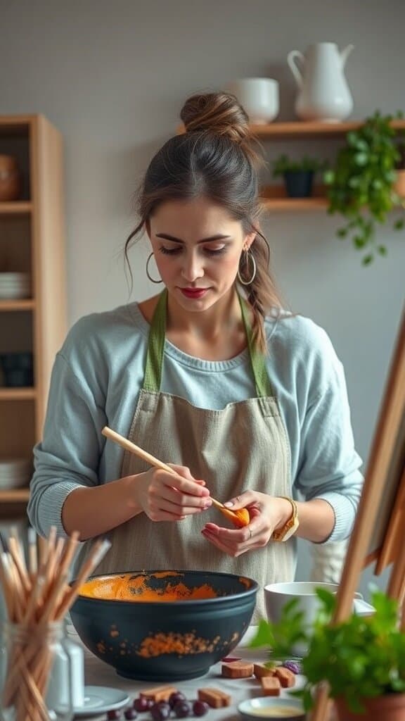 A woman mixing ingredients in a bowl while cooking in a cozy kitchen.