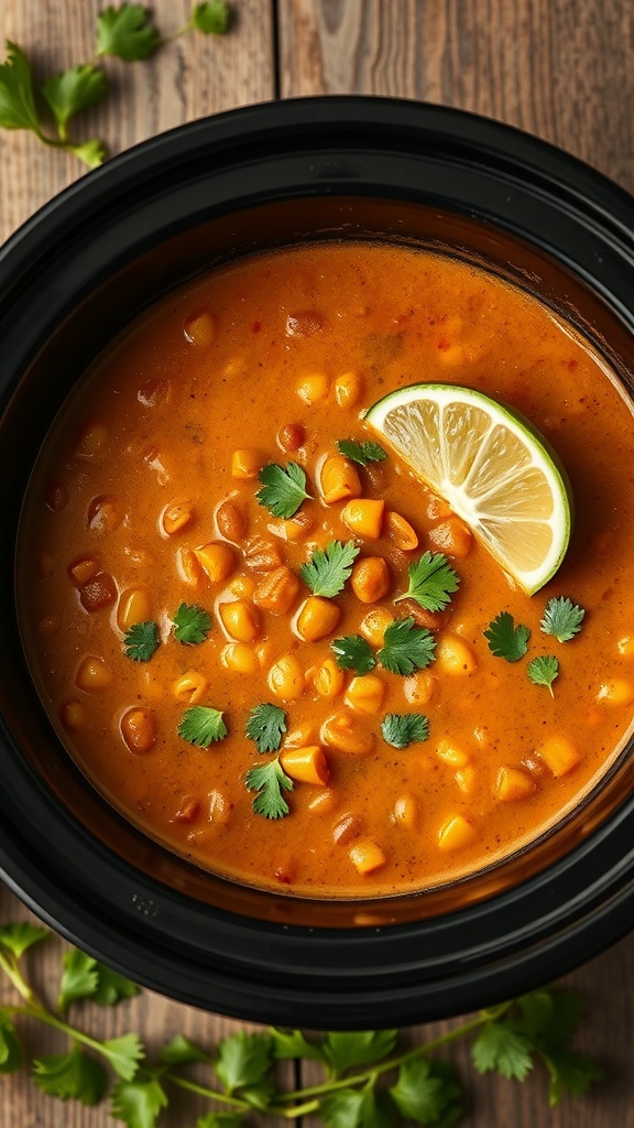 A bowl of Coconut Curry Lentil Soup with corn and cilantro, garnished with lime.