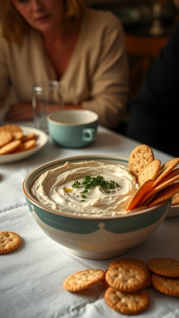 A bowl of creamy dip garnished with parsley, surrounded by crackers on a table.