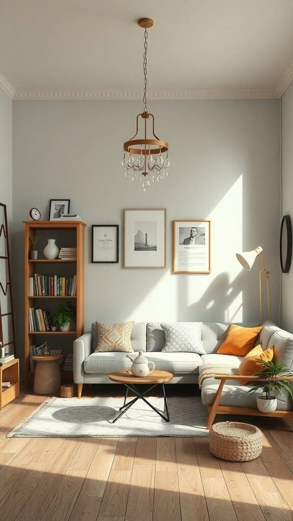 A cozy living room featuring a mix of modern and classic decor elements, with a gray sofa, wooden furniture, and warm lighting.