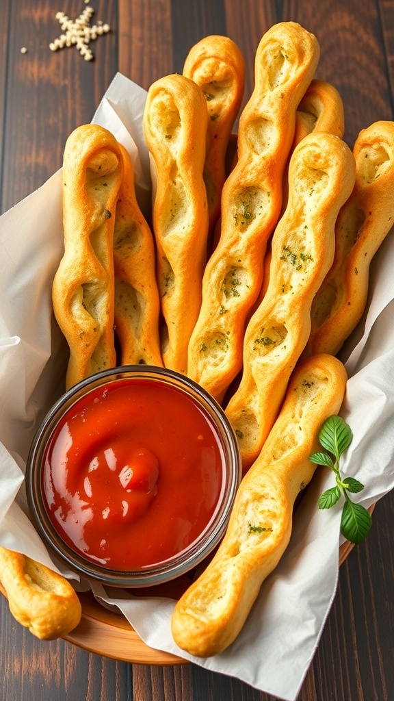A basket of cheesy garlic breadsticks with marinara sauce