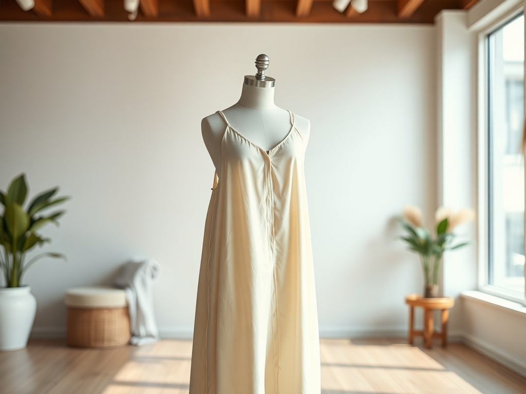 A comfortable slip dress displayed on a mannequin in a bright room