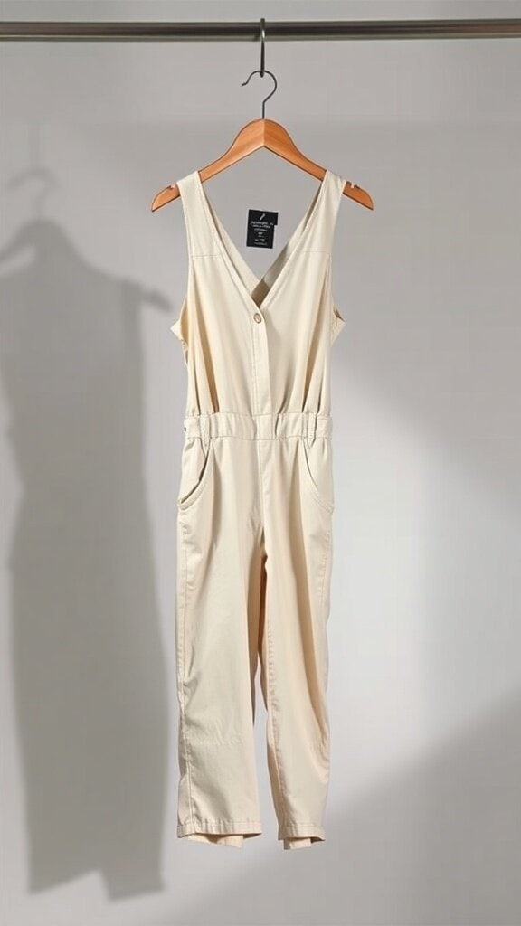 A simple beige jumpsuit hanging on a rack