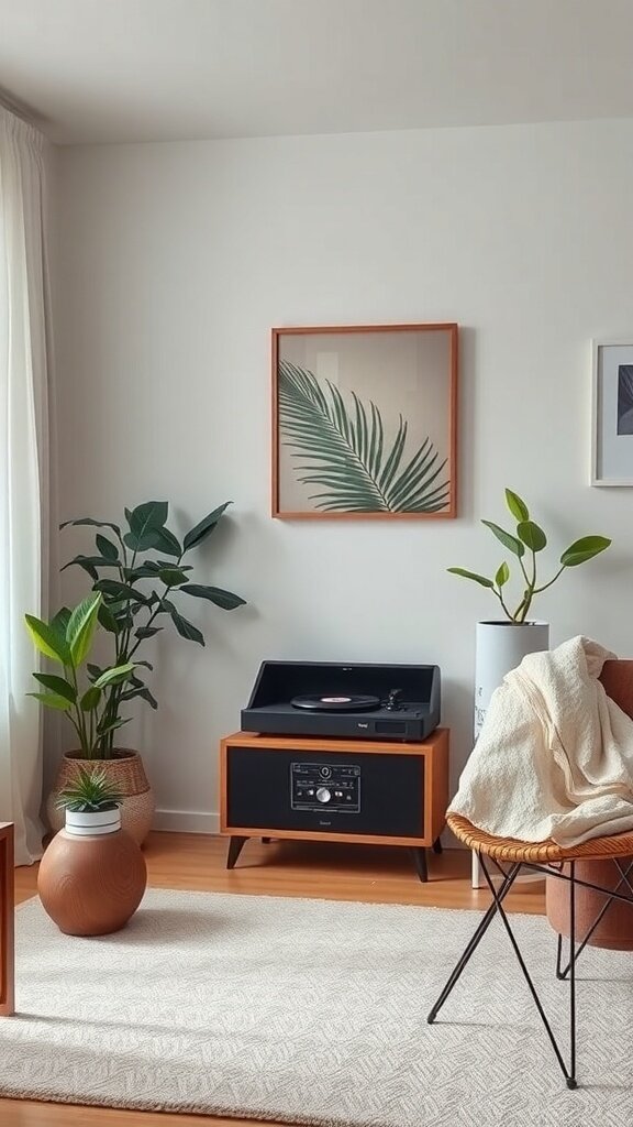 A cozy living room with a record player, plants, and a warm blanket, creating a relaxing atmosphere.