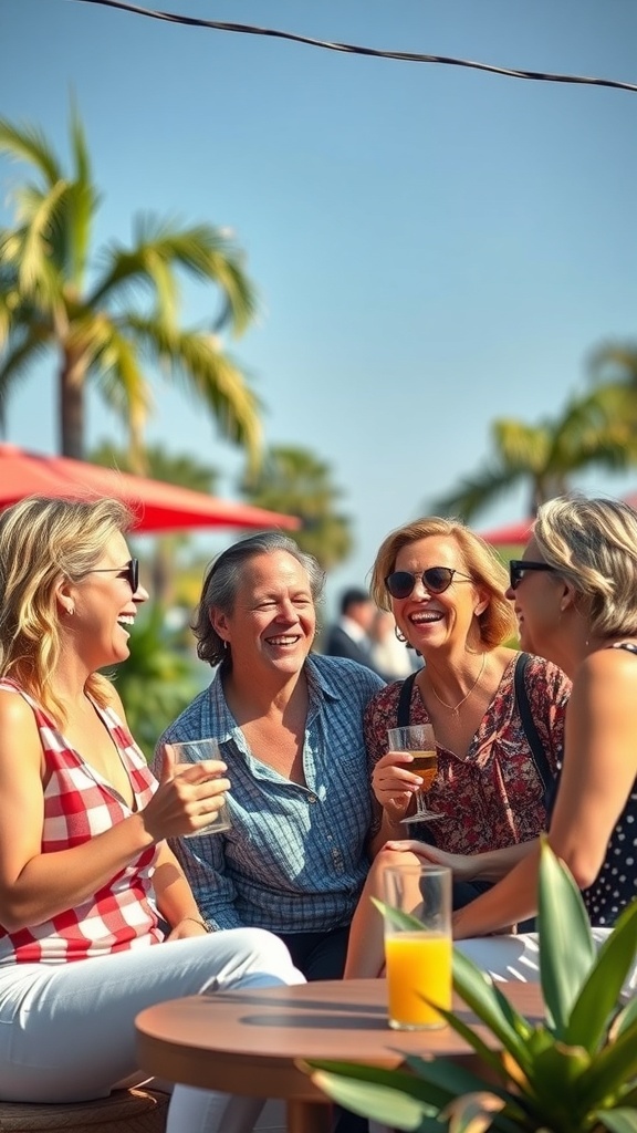 A group of four friends laughing and enjoying drinks together outdoors