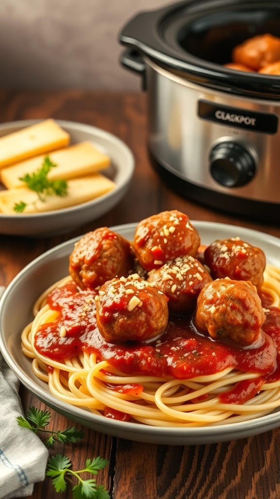 A plate of spaghetti topped with turkey meatballs in marinara sauce, with a crockpot in the background.