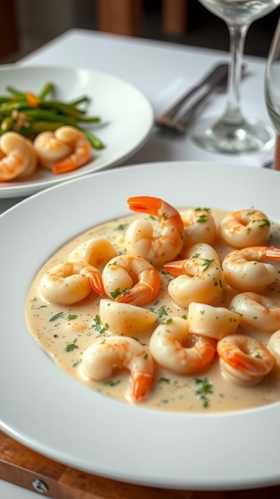 A seafood casserole with shrimp and creamy sauce served on a plate.