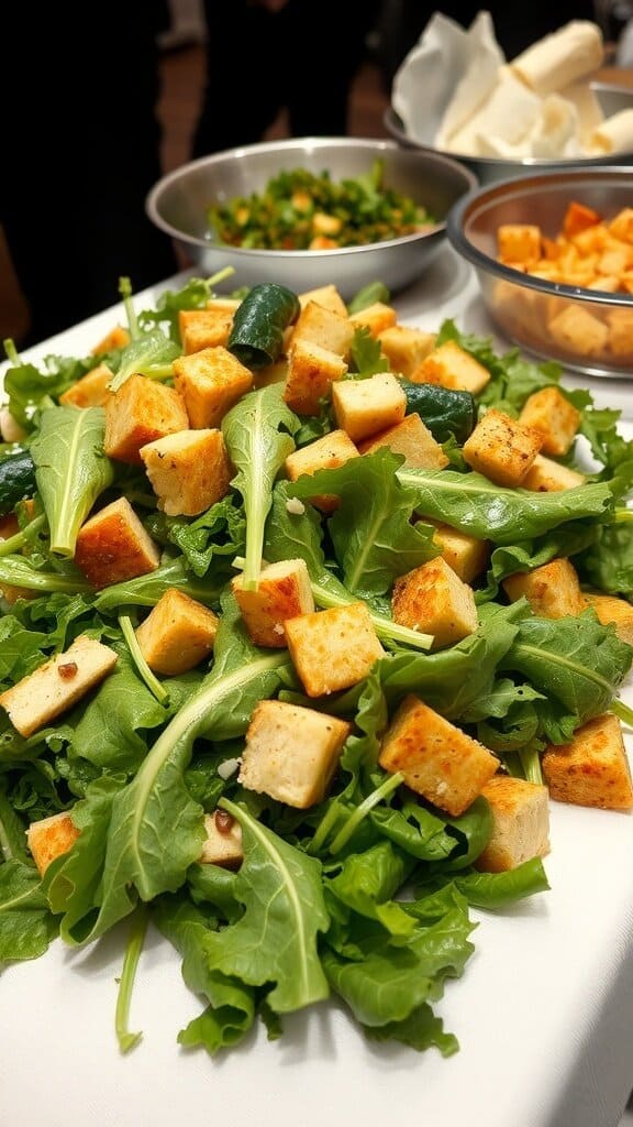 A limp Caesar salad with wilted romaine lettuce and croutons.