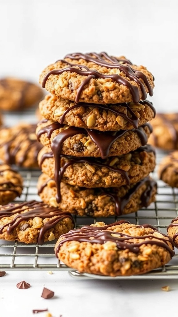 A stack of no bake chocolate oatmeal cookies drizzled with chocolate, placed on a cooling rack.