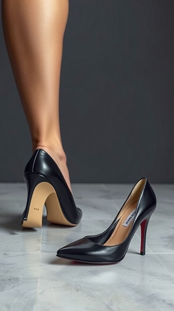 A pair of black high heels with a pointed toe and a high stiletto heel.