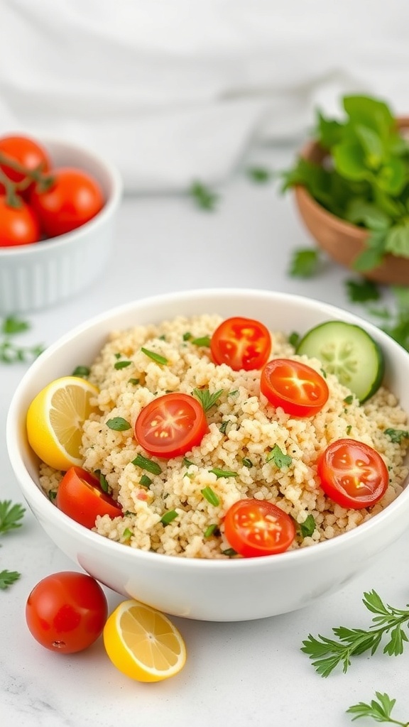 A bowl of Lemon Herb Quinoa Salad with cherry tomatoes, cucumber, and lemon slices.