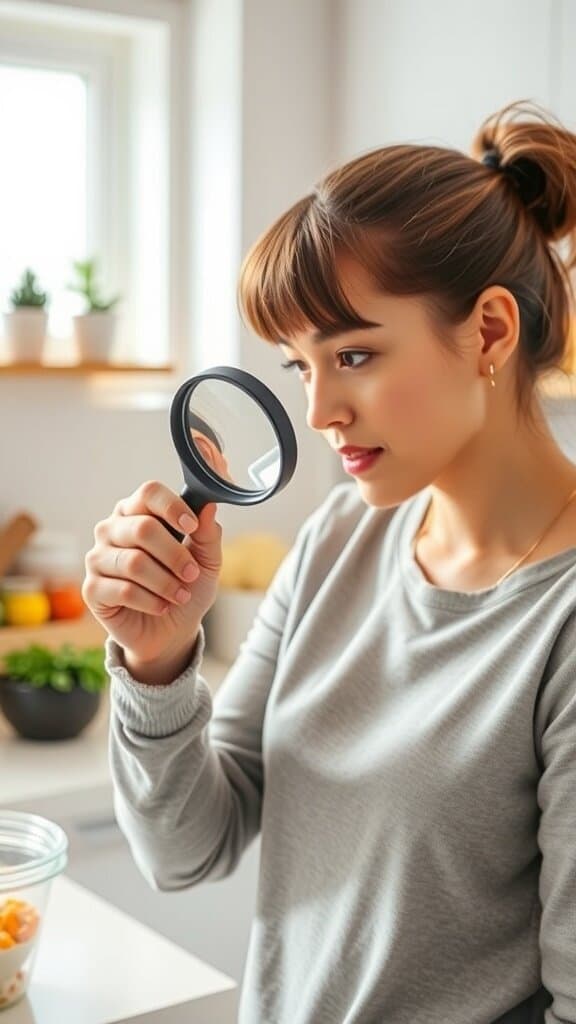 A woman using a magnifying glass to read a label in a kitchen setting.